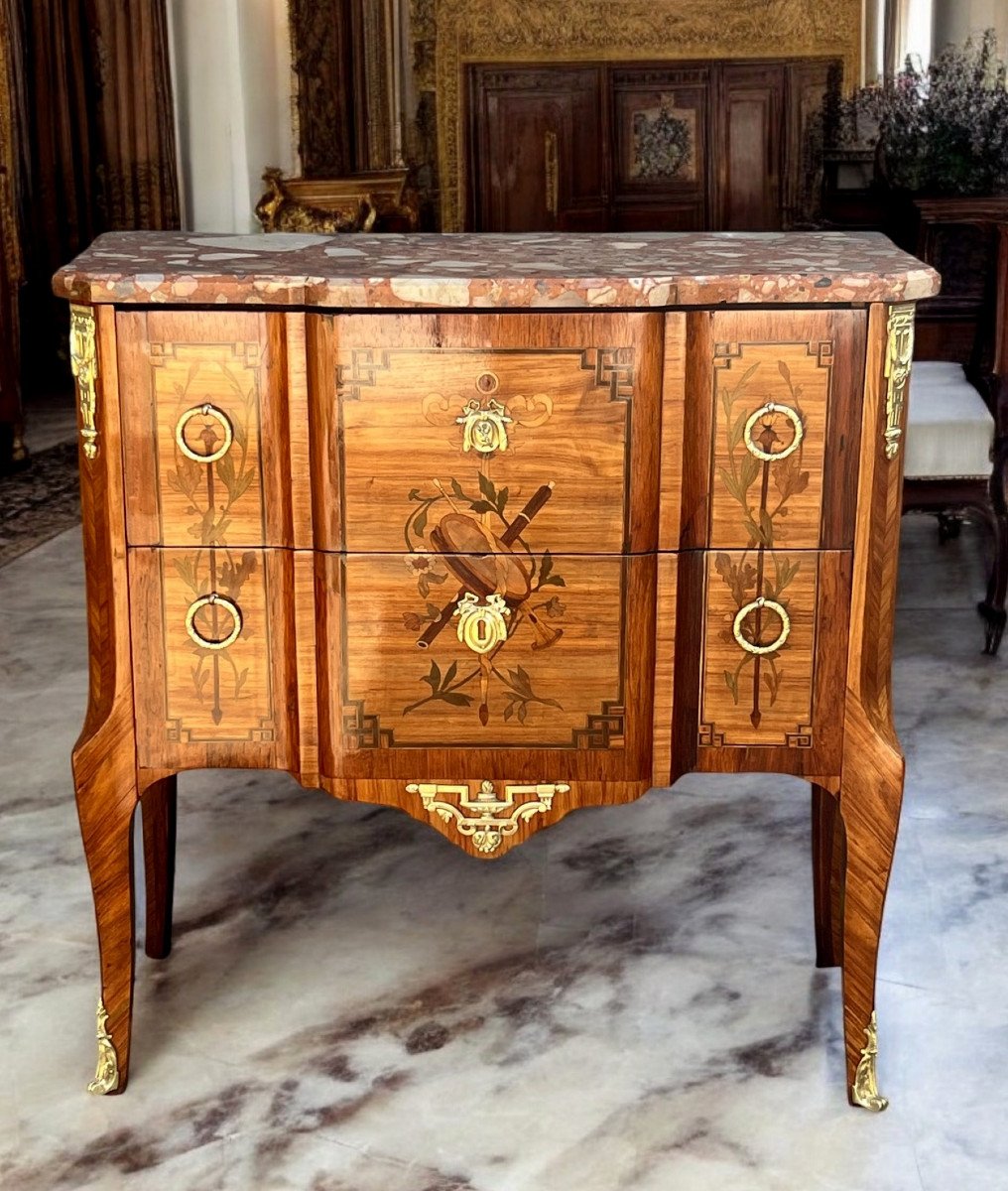 19th Century Transitional Chest Of Drawers In Marquetry Decorated With Musical Instruments-photo-2