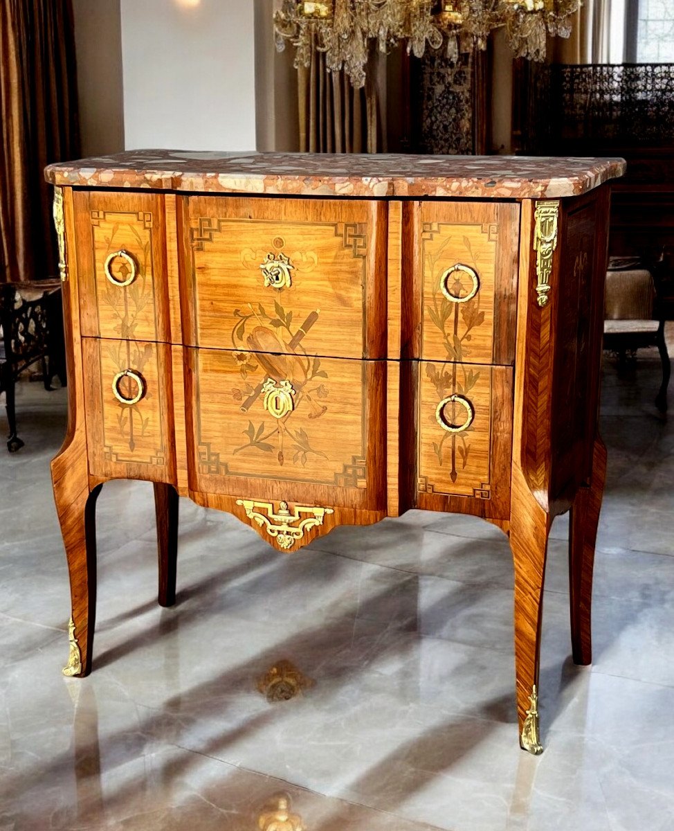 19th Century Transitional Chest Of Drawers In Marquetry Decorated With Musical Instruments-photo-3