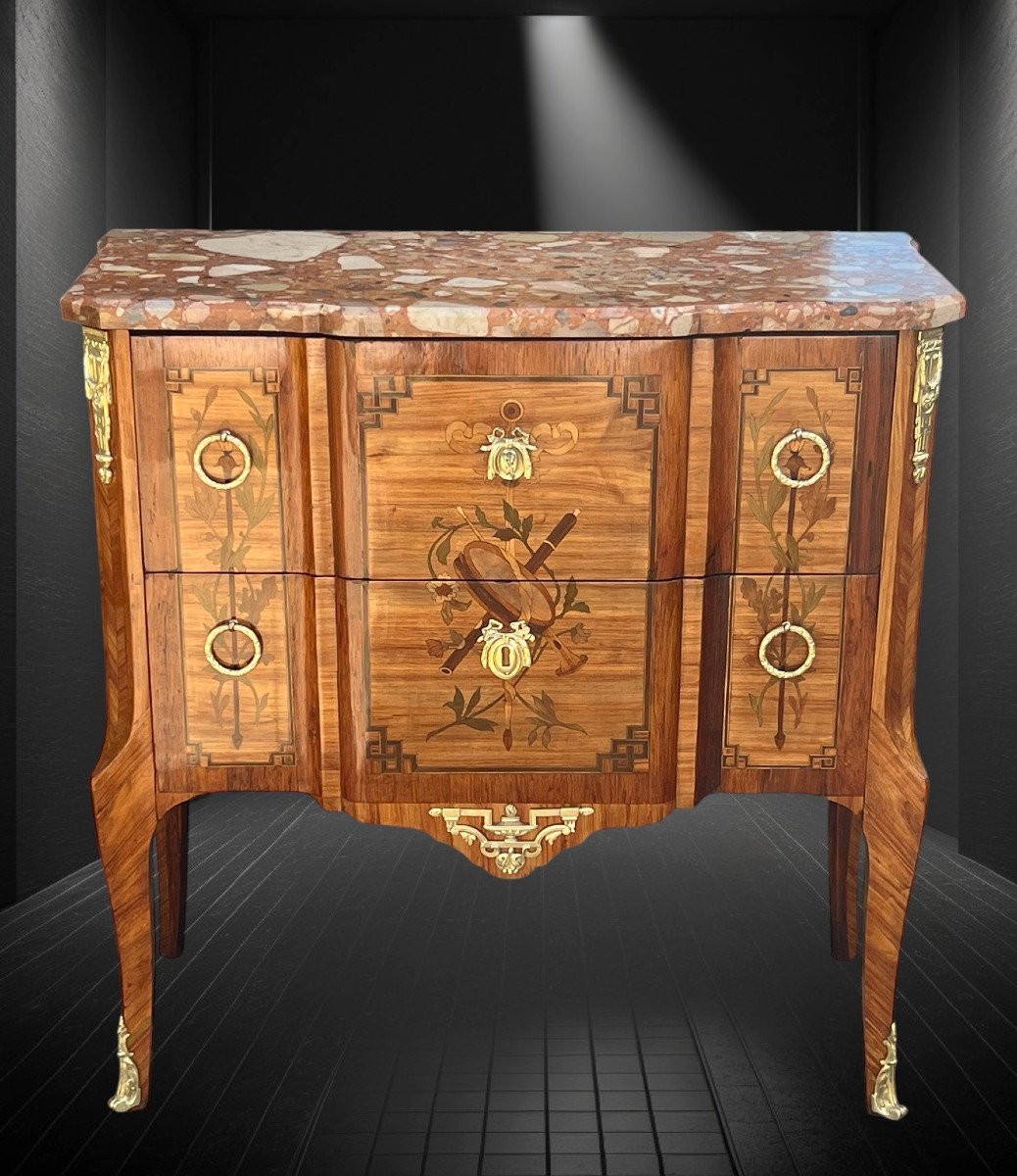 19th Century Transitional Chest Of Drawers In Marquetry Decorated With Musical Instruments-photo-4