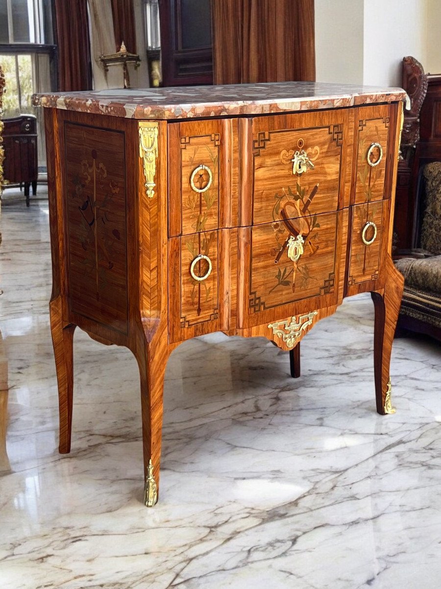 19th Century Transitional Chest Of Drawers In Marquetry Decorated With Musical Instruments-photo-2