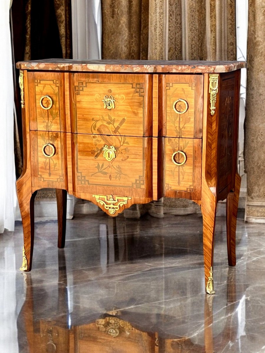 19th Century Transitional Chest Of Drawers In Marquetry Decorated With Musical Instruments-photo-7