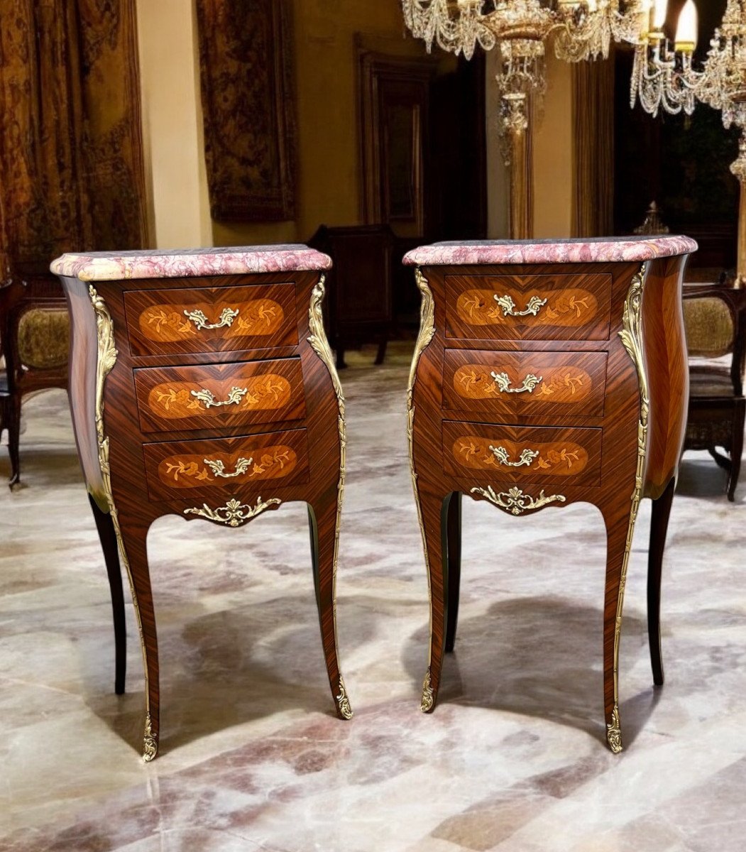 Pair Of Louis XV Style Bedside Tables In Marquetry Decorated With Gilt Bronze-photo-2