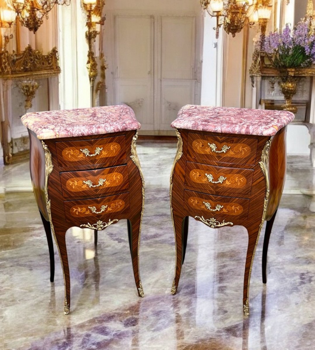 Pair Of Louis XV Style Bedside Tables In Marquetry Decorated With Gilt Bronze-photo-3