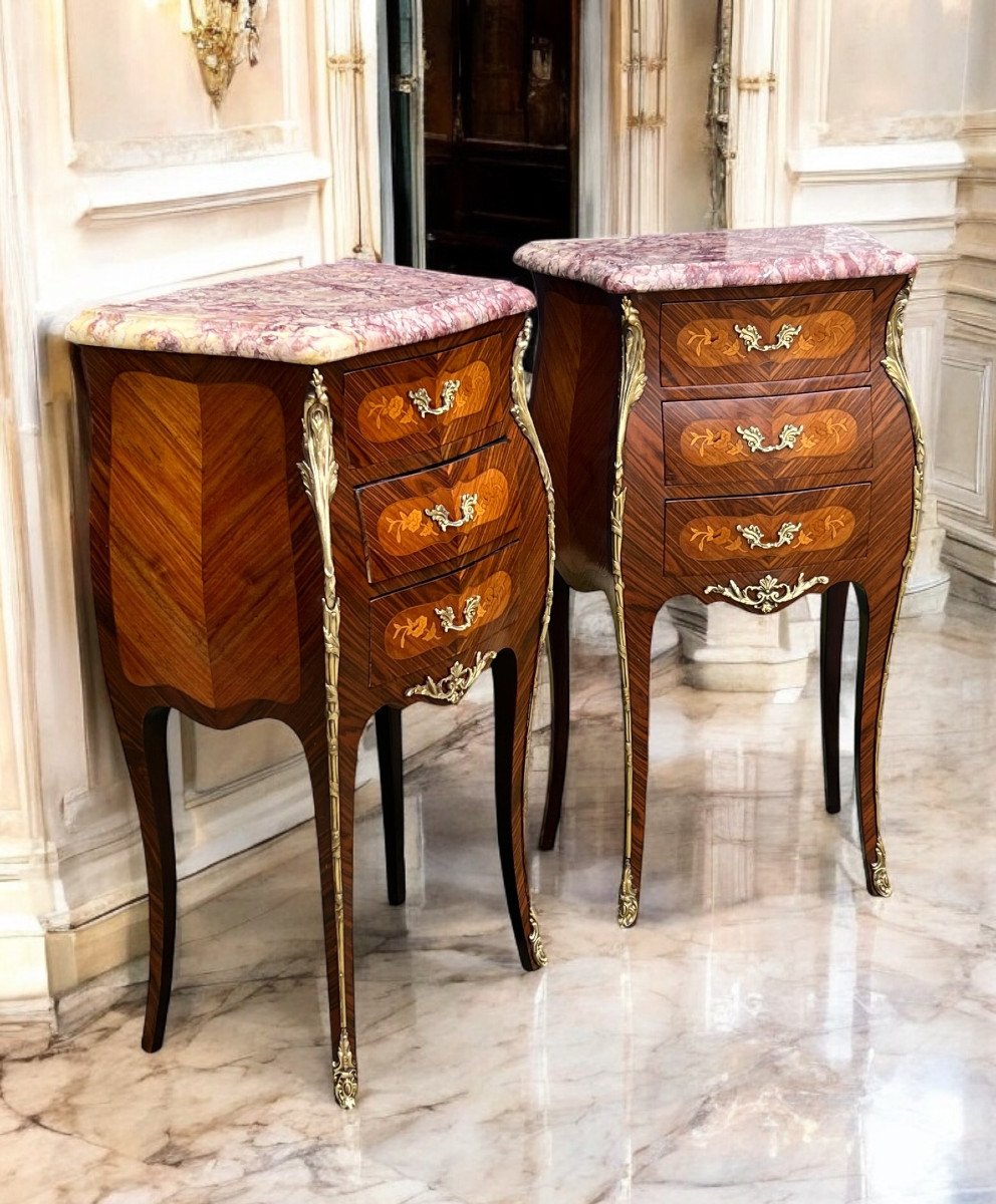 Pair Of Louis XV Style Bedside Tables In Marquetry Decorated With Gilt Bronze-photo-4