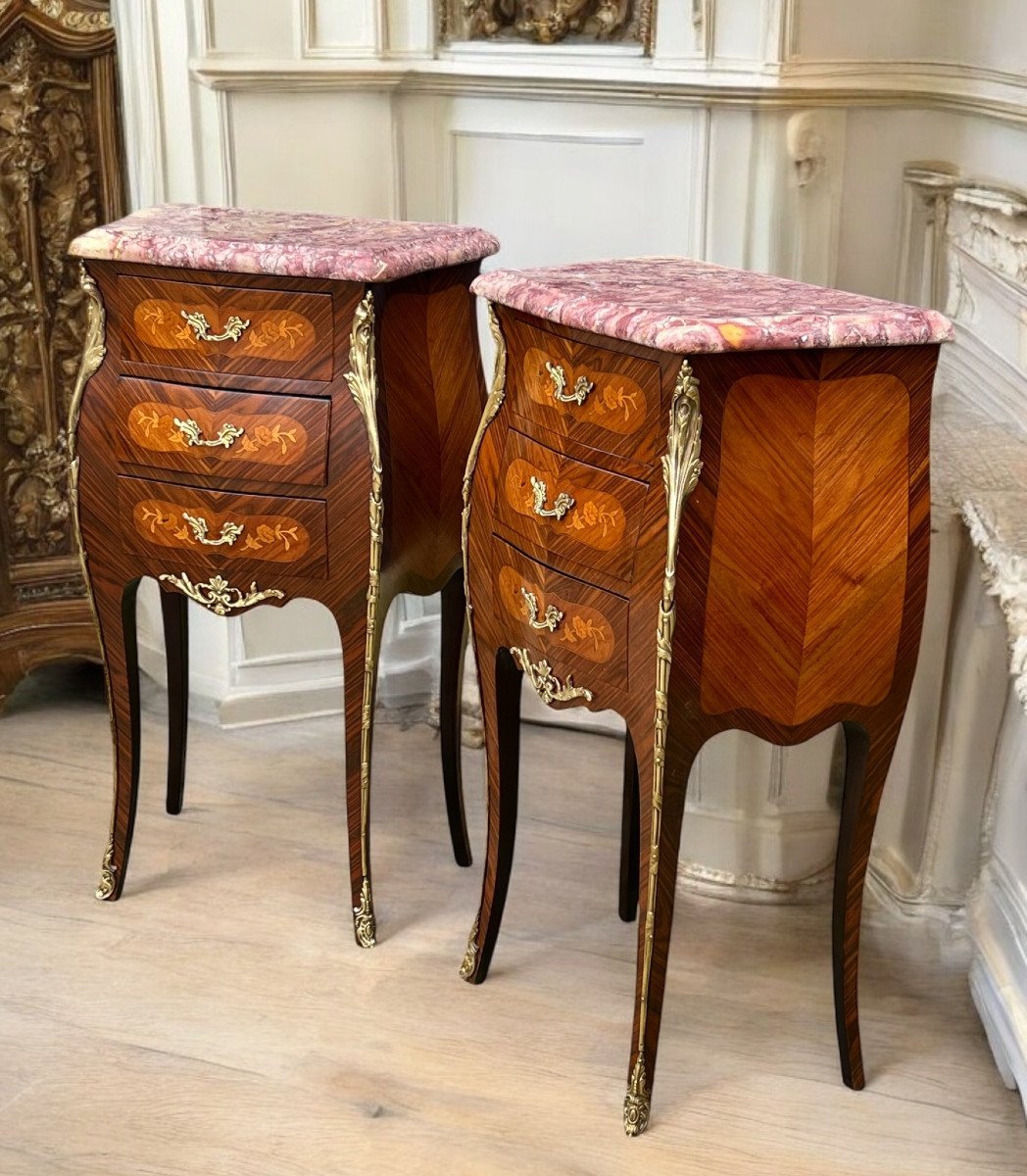 Pair Of Louis XV Style Bedside Tables In Marquetry Decorated With Gilt Bronze-photo-1