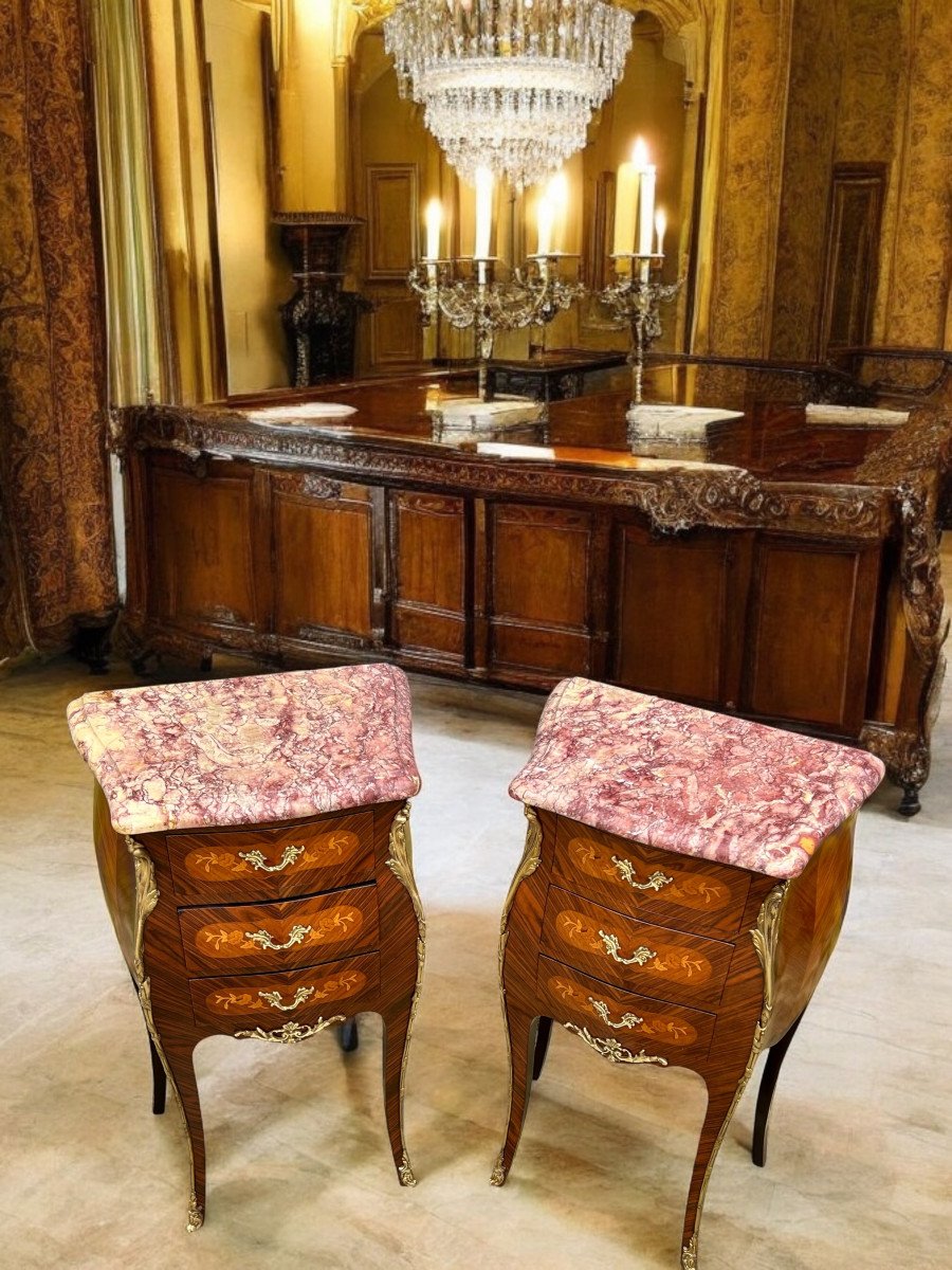 Pair Of Louis XV Style Bedside Tables In Marquetry Decorated With Gilt Bronze-photo-2