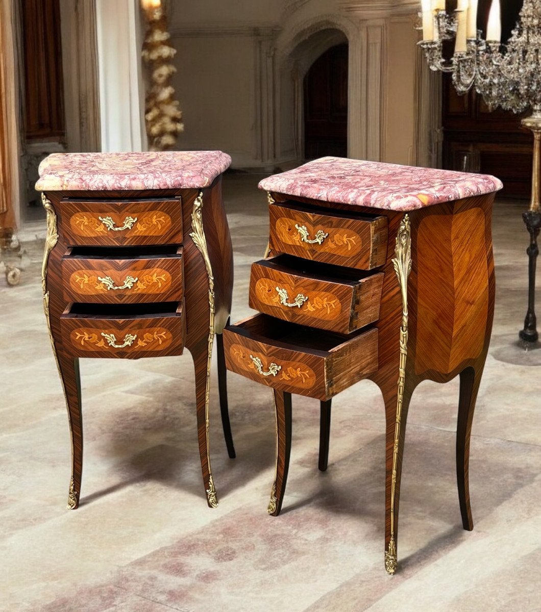 Pair Of Louis XV Style Bedside Tables In Marquetry Decorated With Gilt Bronze-photo-3