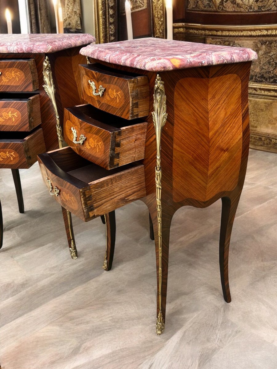 Pair Of Louis XV Style Bedside Tables In Marquetry Decorated With Gilt Bronze-photo-4