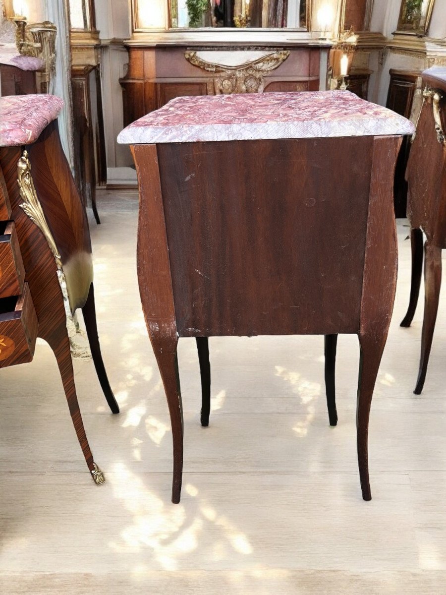 Pair Of Louis XV Style Bedside Tables In Marquetry Decorated With Gilt Bronze-photo-5