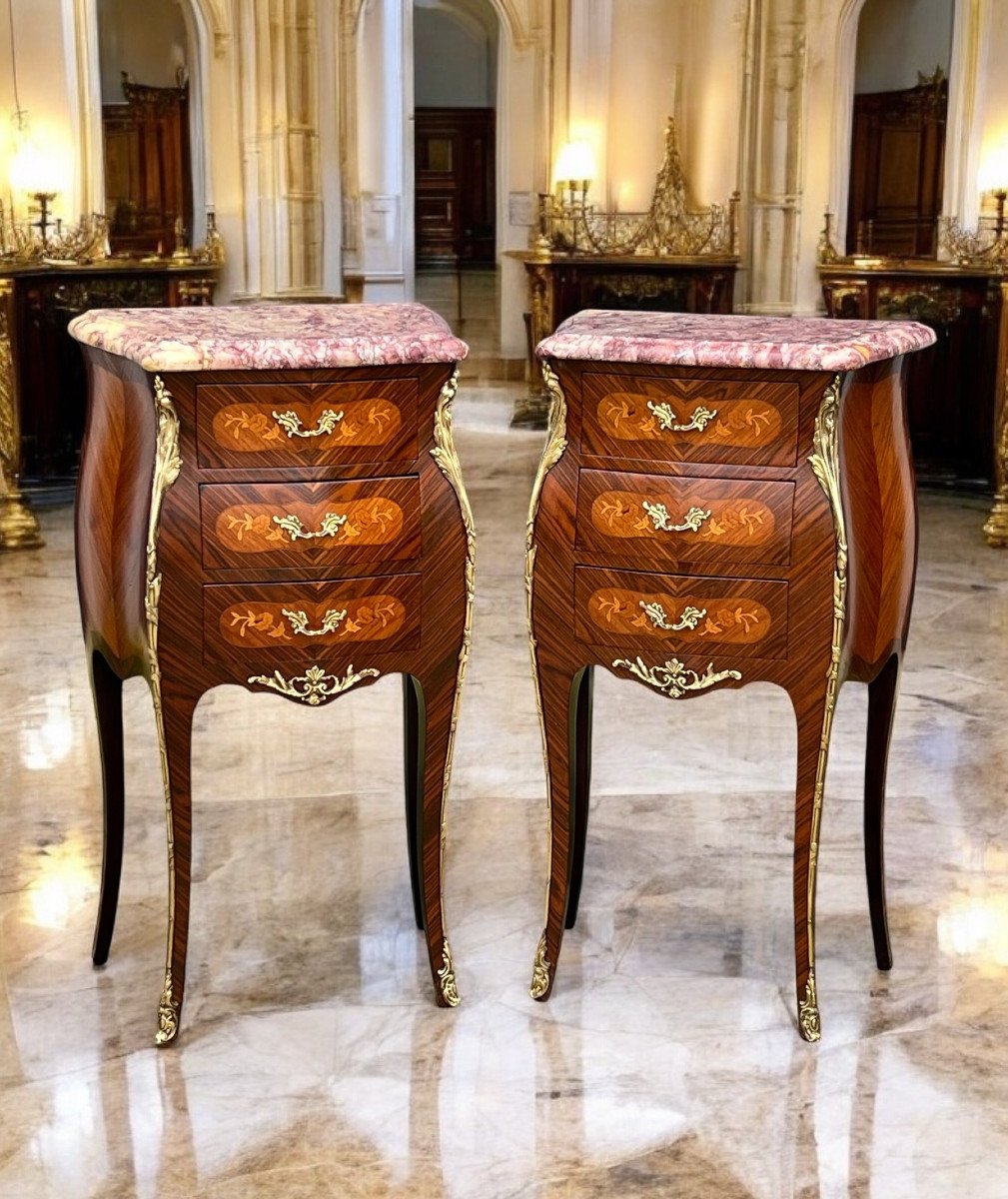 Pair Of Louis XV Style Bedside Tables In Marquetry Decorated With Gilt Bronze