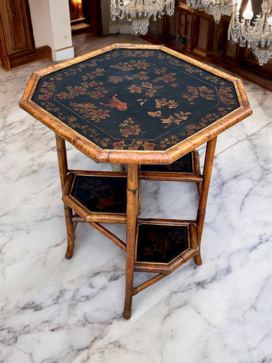 Bamboo Wood Coffee Table With Painted Leather Top Decorated With Flowers-photo-3