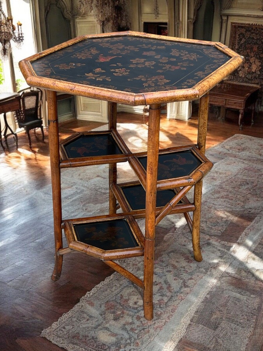 Bamboo Wood Coffee Table With Painted Leather Top Decorated With Flowers-photo-4