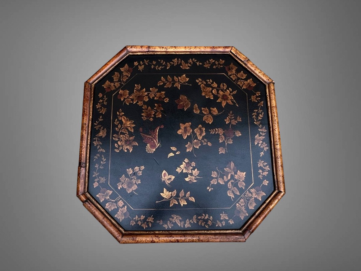 Bamboo Wood Coffee Table With Painted Leather Top Decorated With Flowers-photo-5