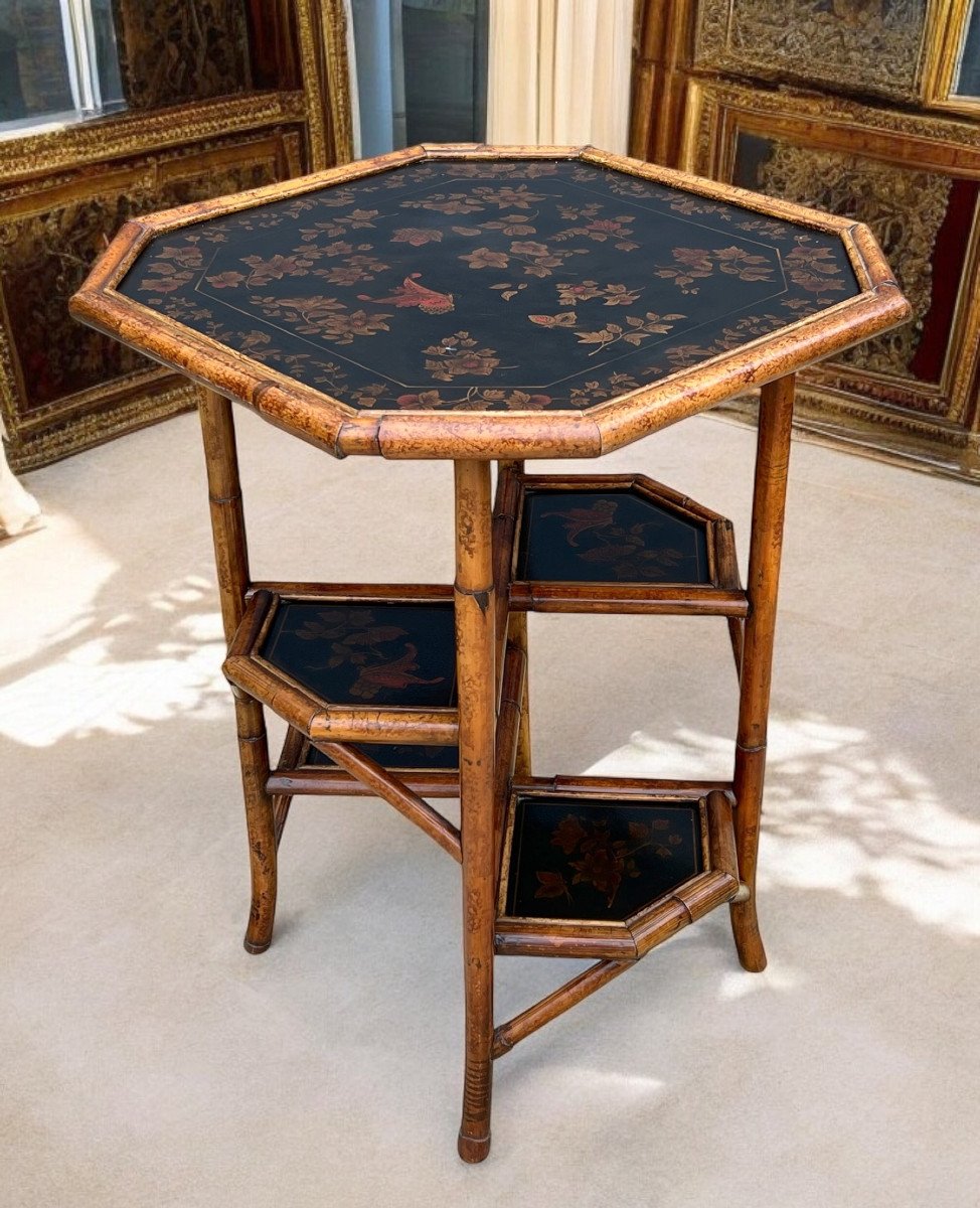 Bamboo Wood Coffee Table With Painted Leather Top Decorated With Flowers