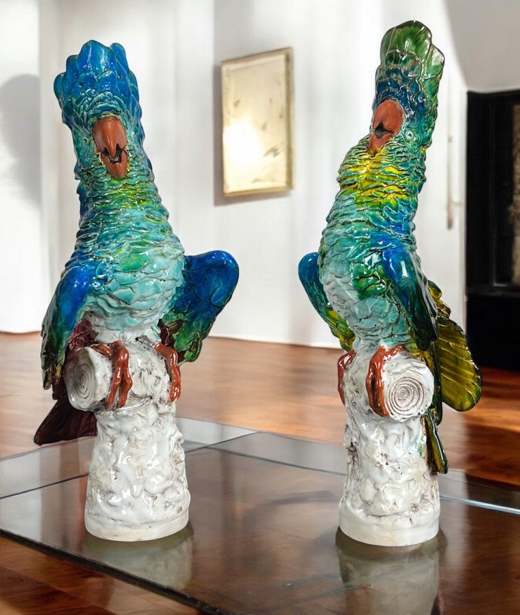 Pair Of Polychrome Glazed Ceramic Cockatoos Bearing A Signature-photo-2