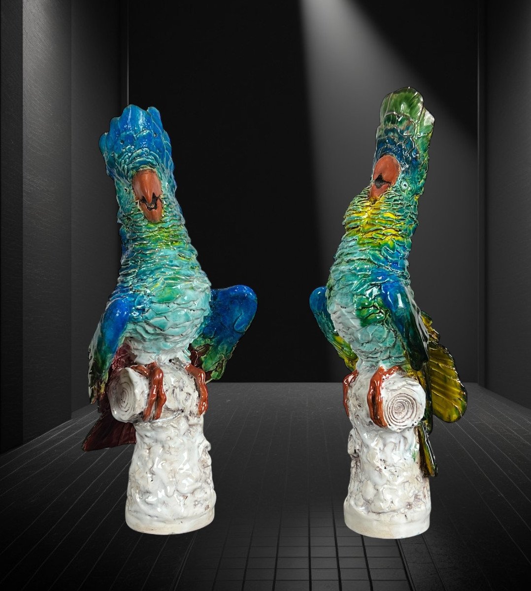 Pair Of Polychrome Glazed Ceramic Cockatoos Bearing A Signature-photo-3