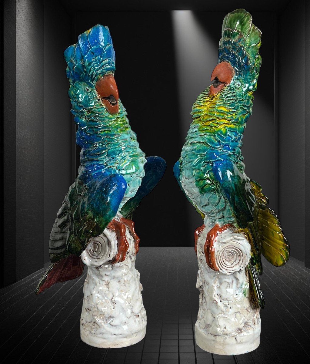 Pair Of Polychrome Glazed Ceramic Cockatoos Bearing A Signature-photo-4