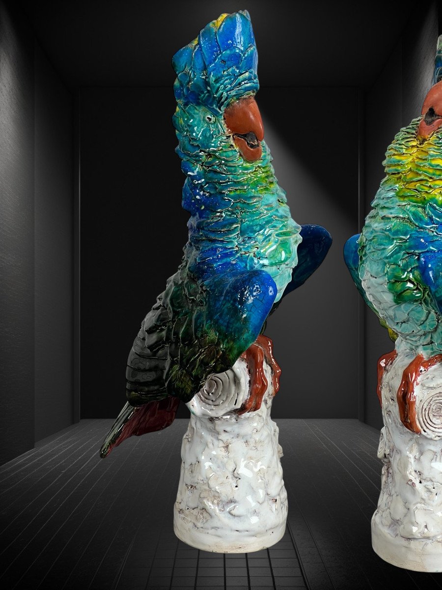 Pair Of Polychrome Glazed Ceramic Cockatoos Bearing A Signature-photo-1