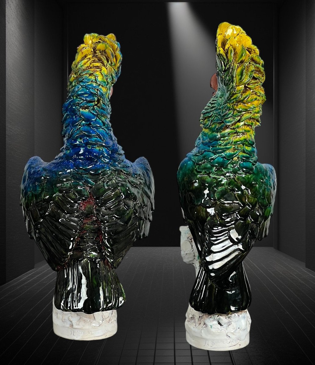 Pair Of Polychrome Glazed Ceramic Cockatoos Bearing A Signature-photo-4