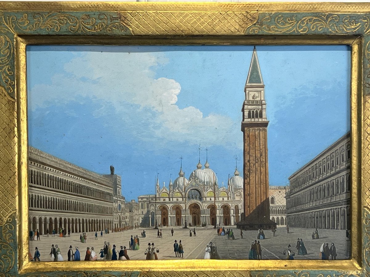 Tableau / Gouache Du XIXe " Place Saint Marc A Venise "dans Le Gout De Canaletto-photo-1