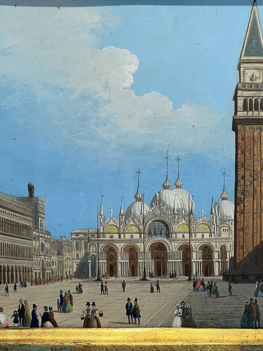 Tableau / Gouache Du XIXe " Place Saint Marc A Venise "dans Le Gout De Canaletto-photo-3