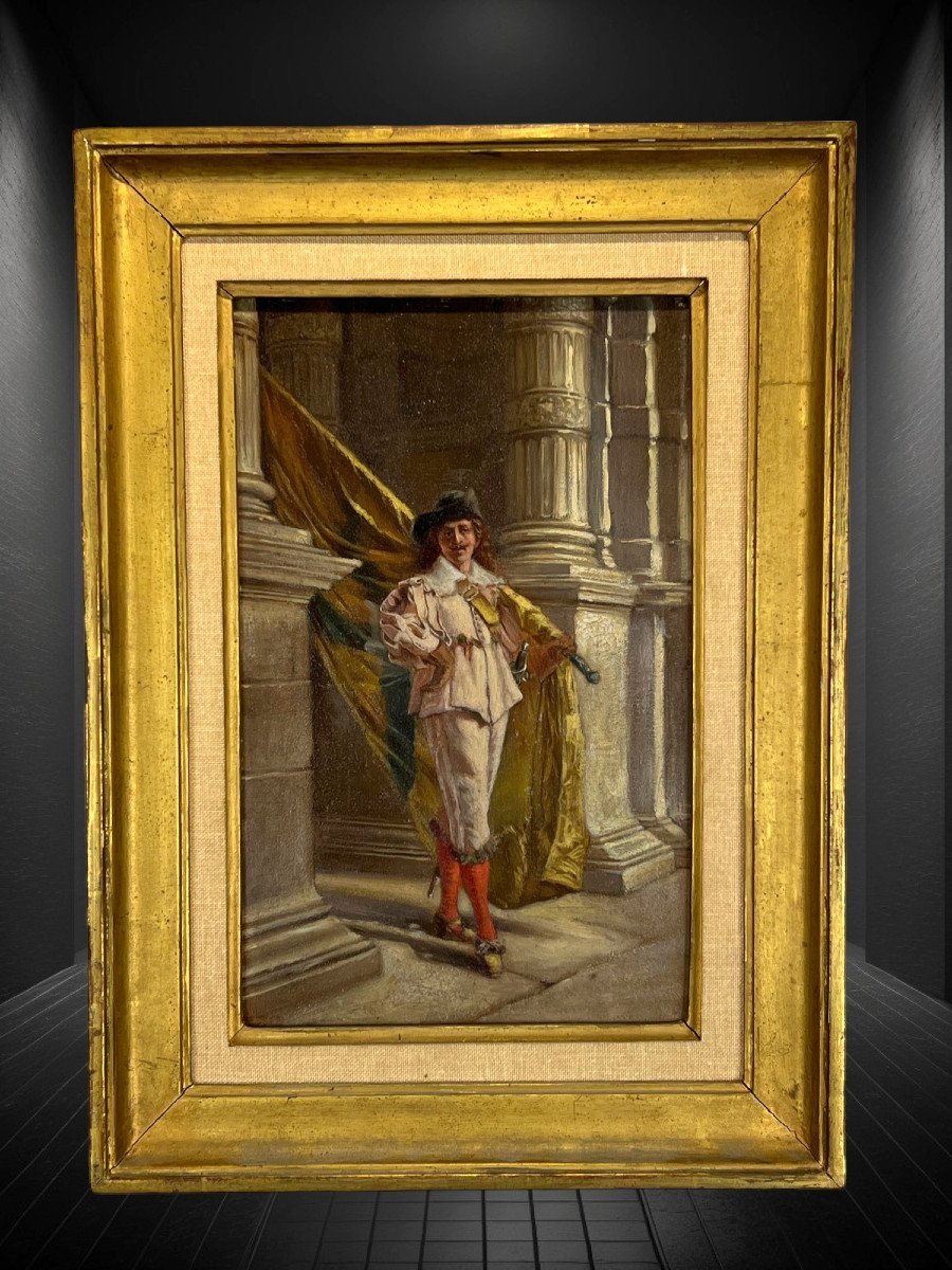 Oil On Wooden Panel "flag Bearer Of The Flemish Civic Guard"-photo-2