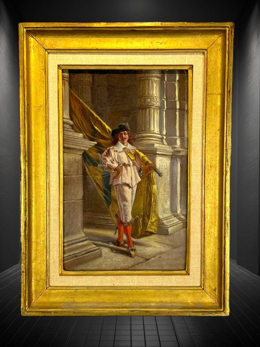 Oil On Wooden Panel "flag Bearer Of The Flemish Civic Guard"