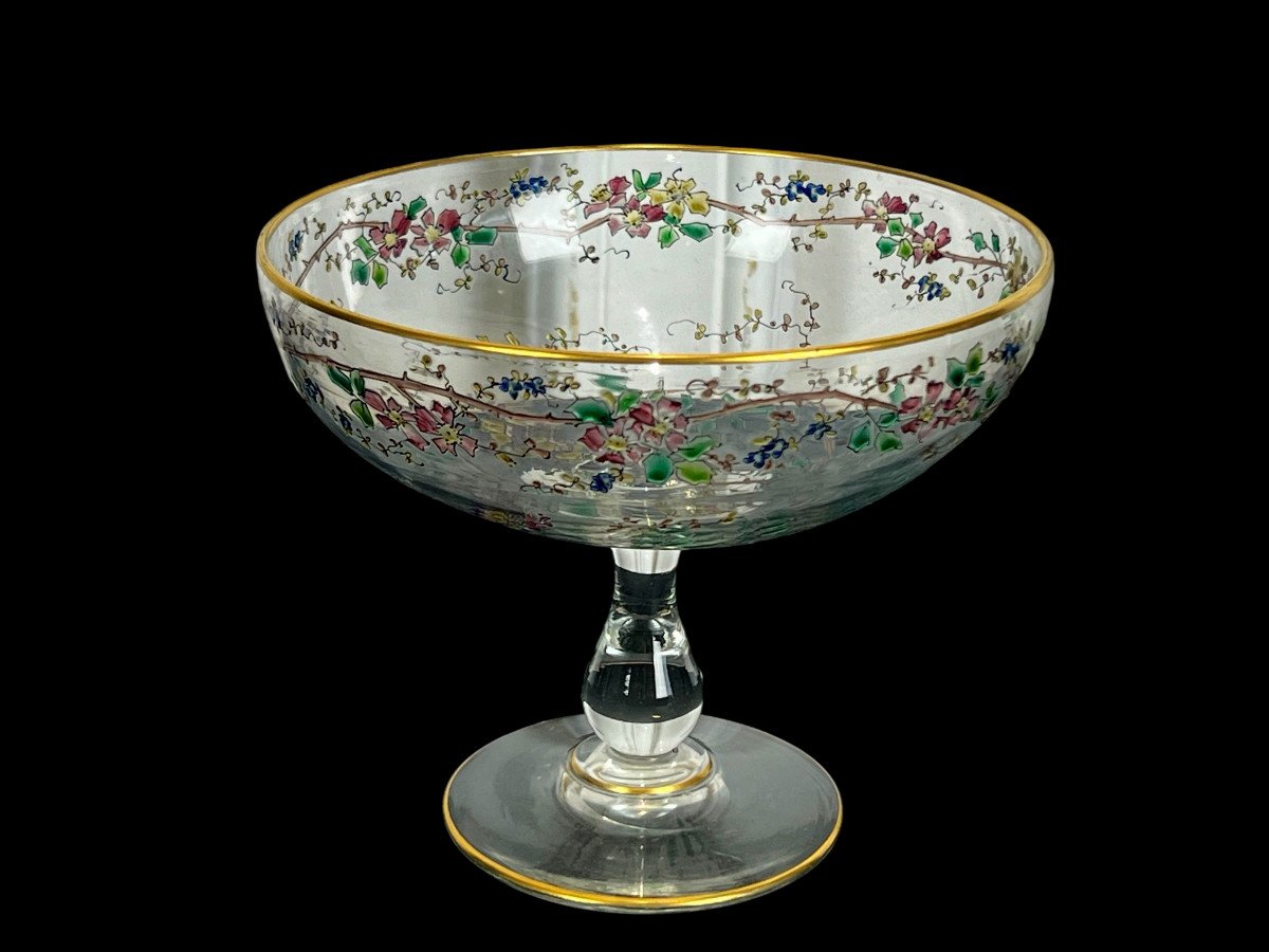 Antique Enameled Crystal Dragée Cup Decorated With Colored Flowers-photo-3