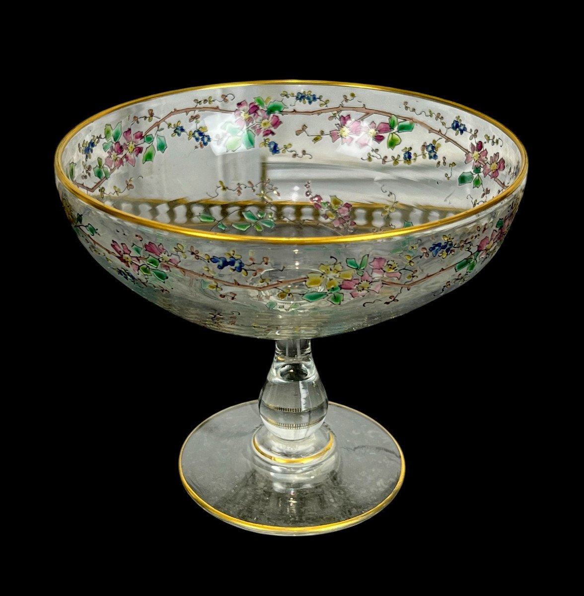 Antique Enameled Crystal Dragée Cup Decorated With Colored Flowers-photo-1