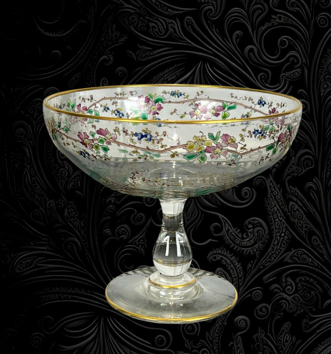 Antique Enameled Crystal Dragée Cup Decorated With Colored Flowers-photo-2