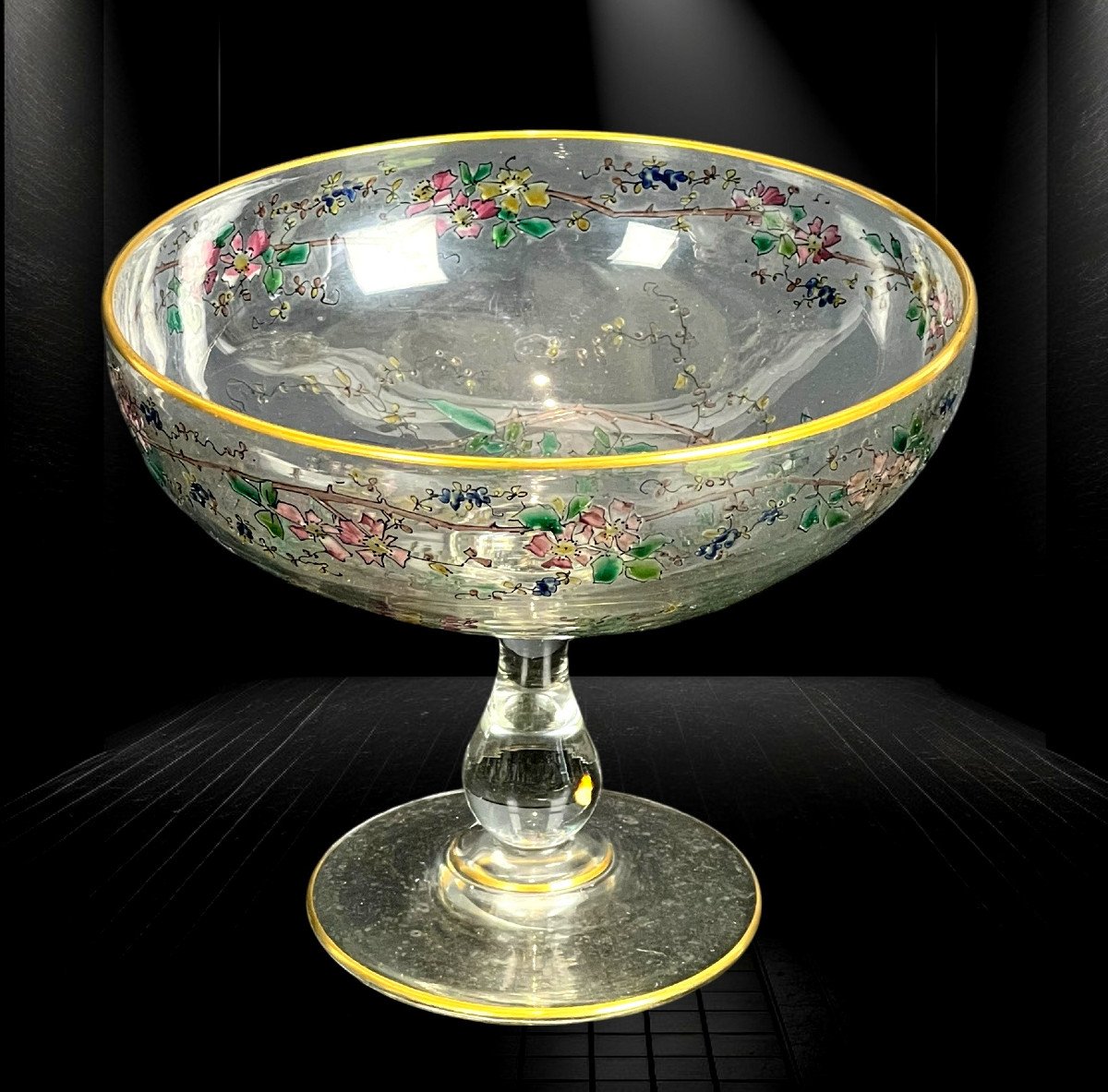 Antique Enameled Crystal Dragée Cup Decorated With Colored Flowers-photo-4