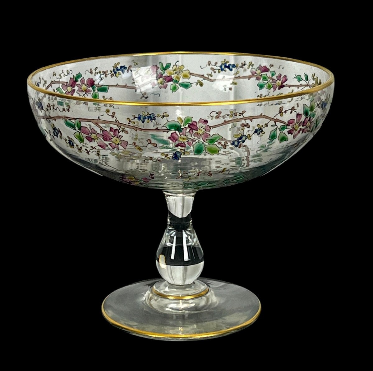 Antique Enameled Crystal Dragée Cup Decorated With Colored Flowers-photo-5