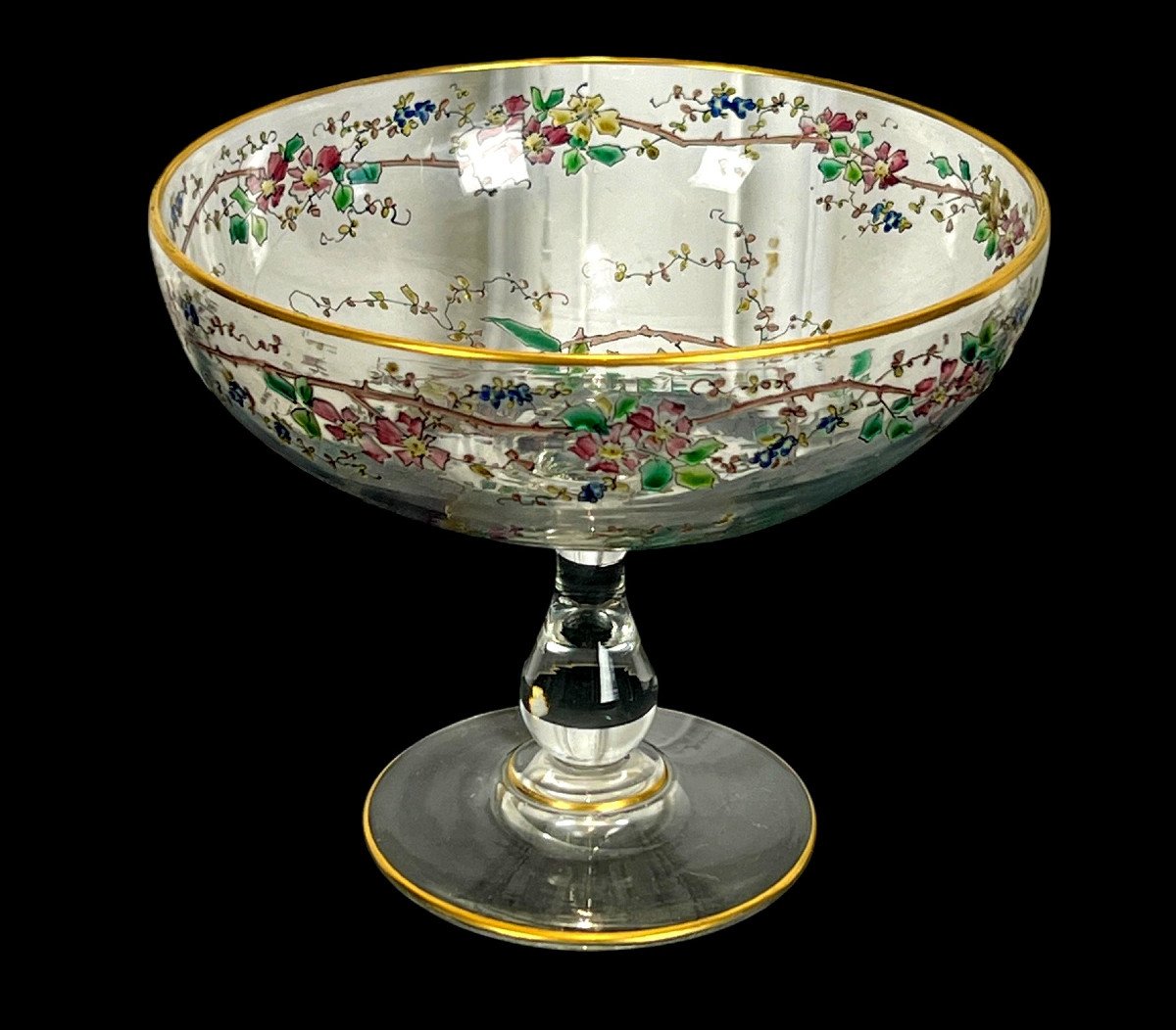 Antique Enameled Crystal Dragée Cup Decorated With Colored Flowers-photo-6