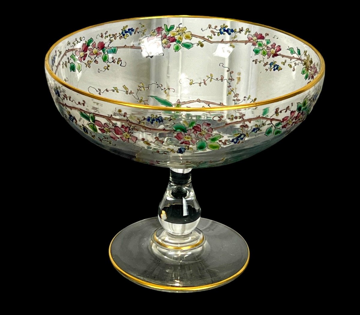 Antique Enameled Crystal Dragée Cup Decorated With Colored Flowers