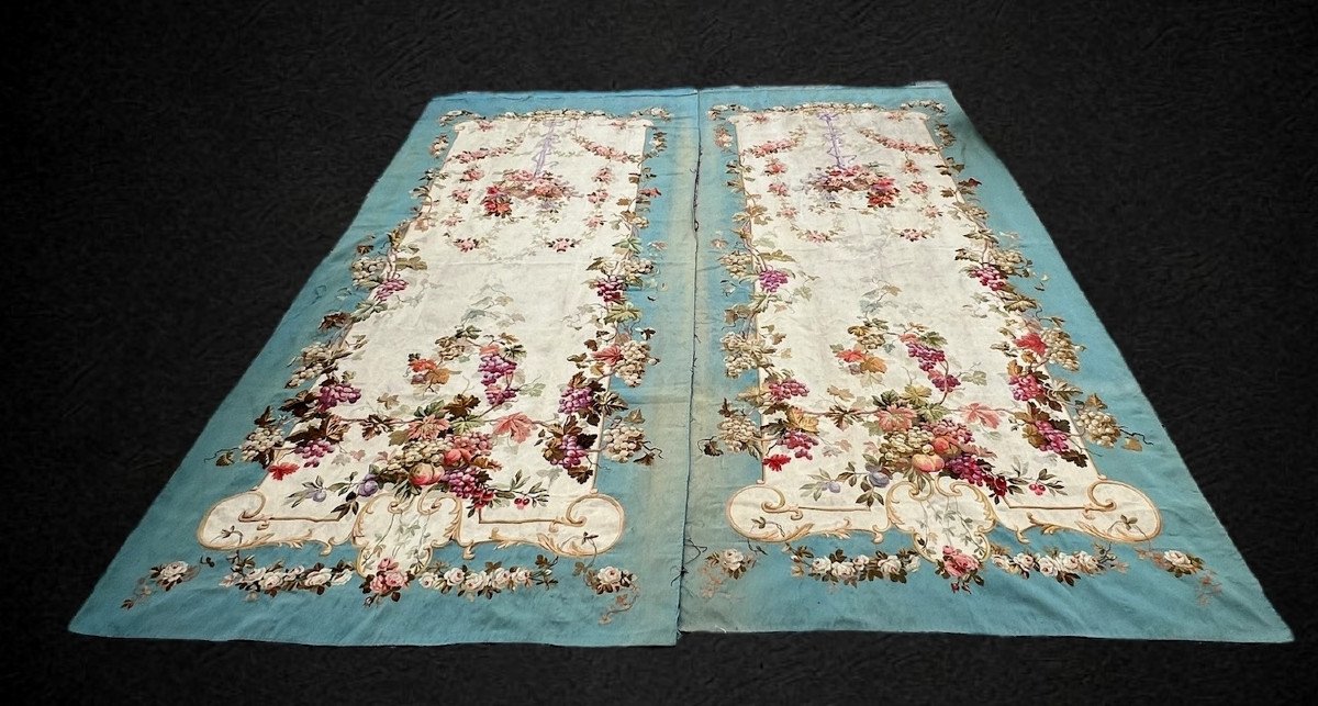 Pair Of Early 19th Century Hand-woven Aubusson Tapestries With Floral Decor-photo-4