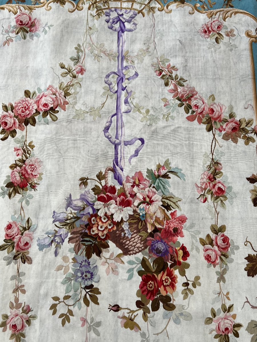 Pair Of Early 19th Century Hand-woven Aubusson Tapestries With Floral Decor-photo-3