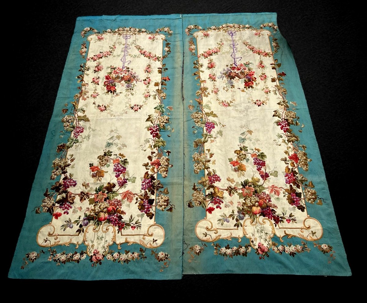 Pair Of Early 19th Century Hand-woven Aubusson Tapestries With Floral Decor