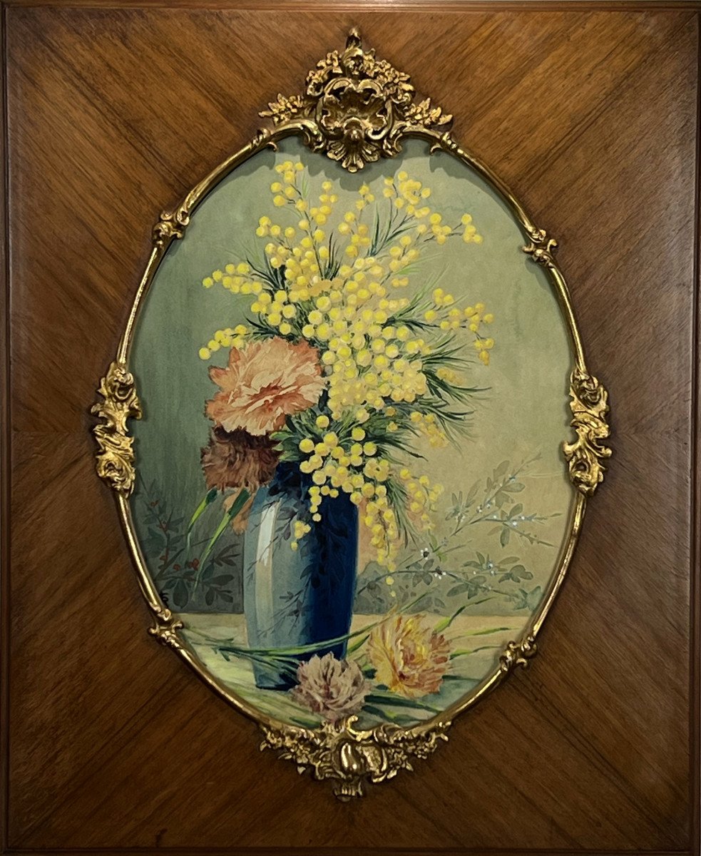 Painting / Watercolor Under Glass With Oval View "bouquet With Mimosas" Year 1930-photo-2