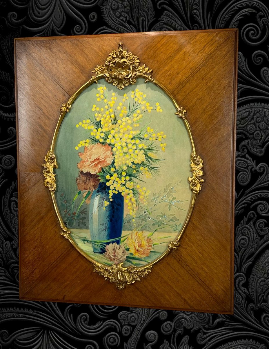 Painting / Watercolor Under Glass With Oval View "bouquet With Mimosas" Year 1930-photo-4