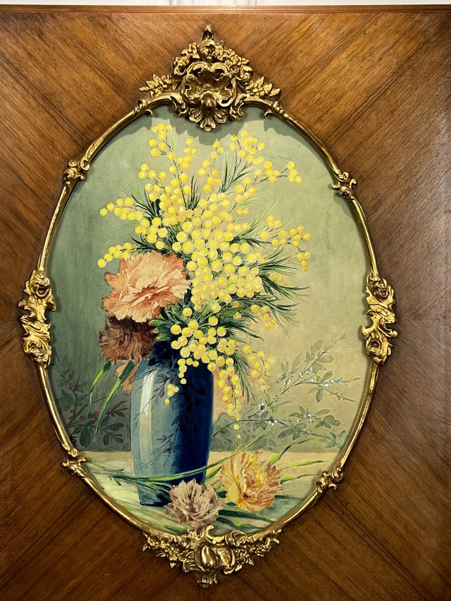 Painting / Watercolor Under Glass With Oval View "bouquet With Mimosas" Year 1930-photo-1