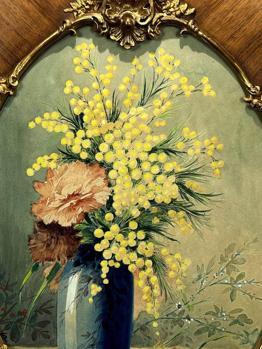 Painting / Watercolor Under Glass With Oval View "bouquet With Mimosas" Year 1930-photo-2