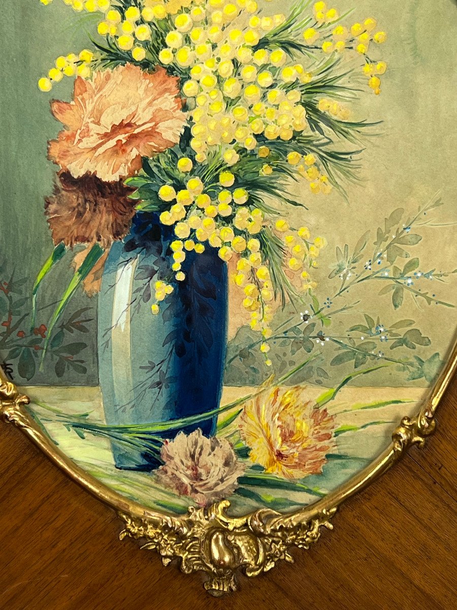 Painting / Watercolor Under Glass With Oval View "bouquet With Mimosas" Year 1930-photo-3