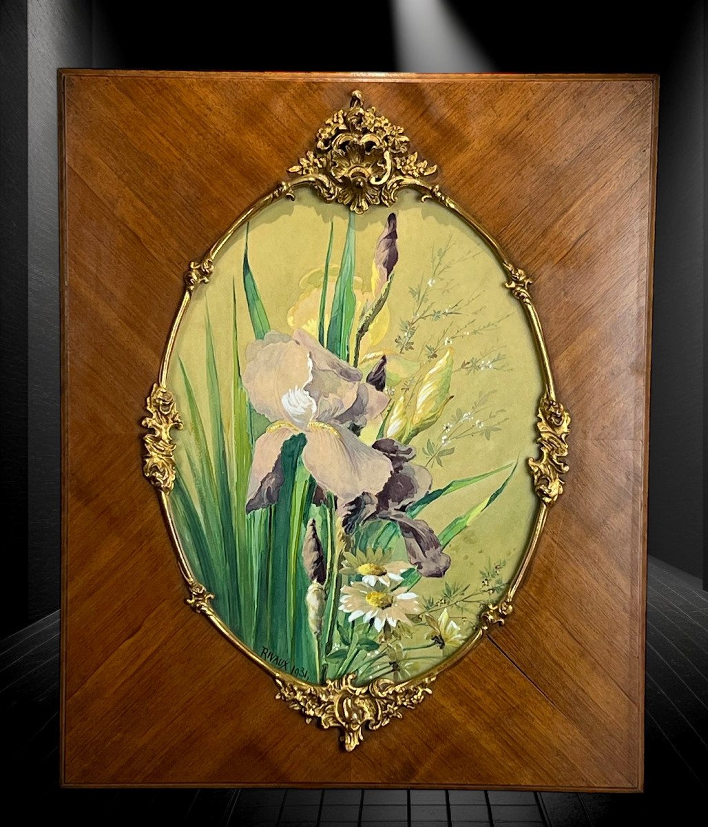 Tableau / Aquarelle Sous Verre A Vue Ovale " Bouquet Aux Iris " Année 1931-photo-2