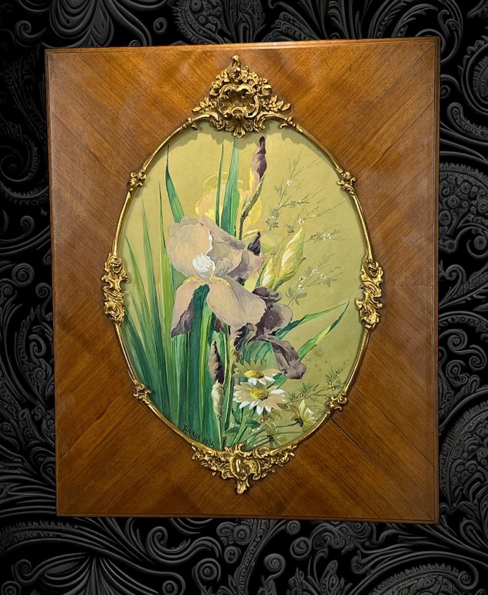 Tableau / Aquarelle Sous Verre A Vue Ovale " Bouquet Aux Iris " Année 1931-photo-4