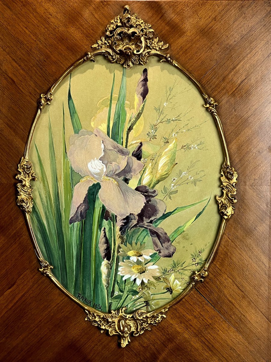 Tableau / Aquarelle Sous Verre A Vue Ovale " Bouquet Aux Iris " Année 1931-photo-1