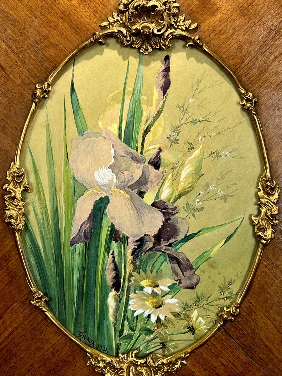 Tableau / Aquarelle Sous Verre A Vue Ovale " Bouquet Aux Iris " Année 1931-photo-2