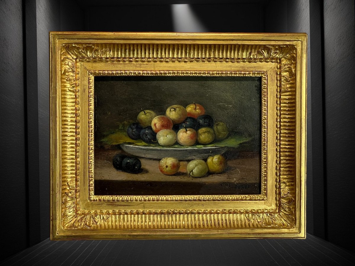 Painting / Oil On Panel Signed "perez" Still Life With Fruits-photo-4