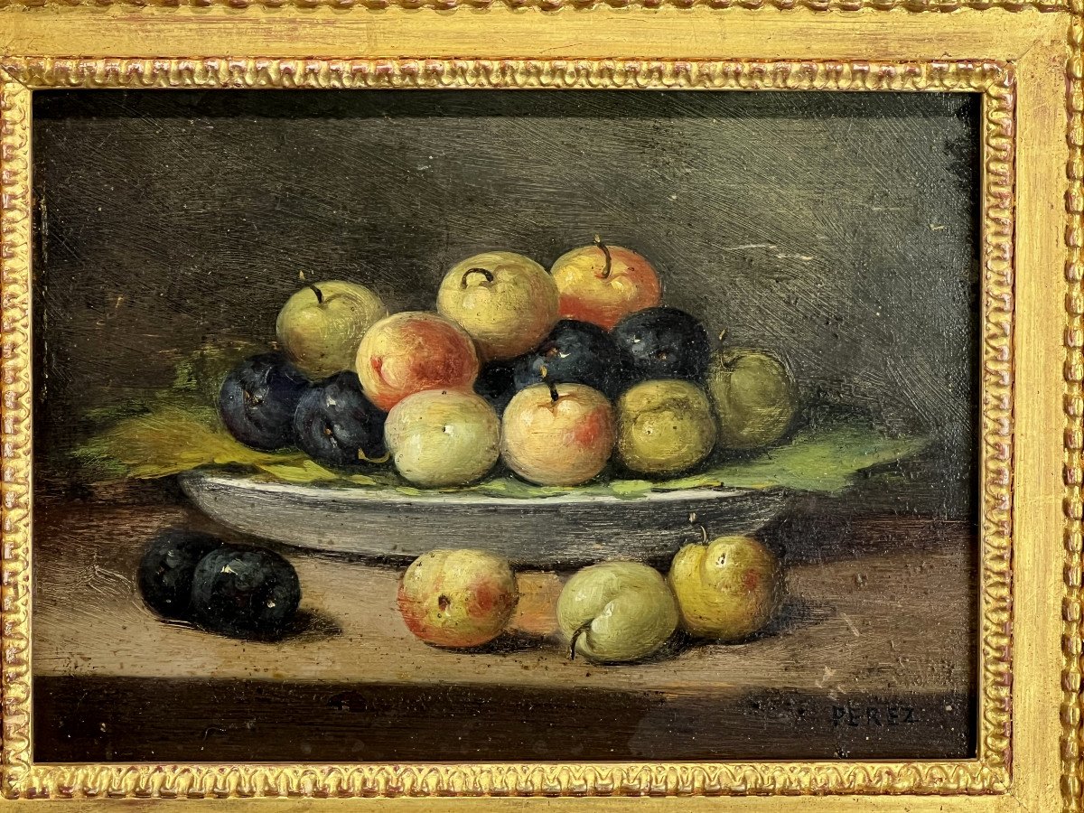 Painting / Oil On Panel Signed "perez" Still Life With Fruits-photo-1