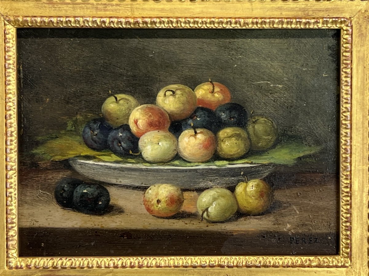 Painting / Oil On Panel Signed "perez" Still Life With Fruits-photo-5