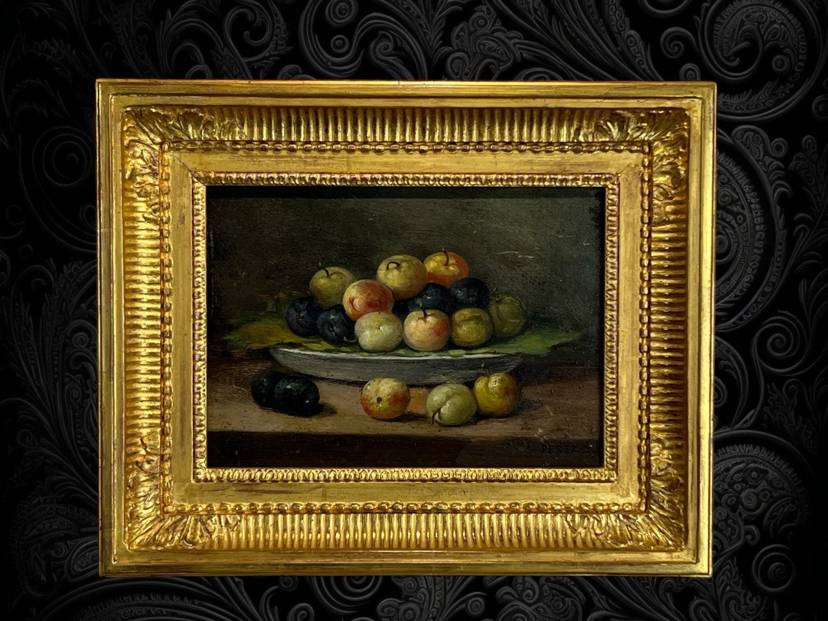 Painting / Oil On Panel Signed "perez" Still Life With Fruits